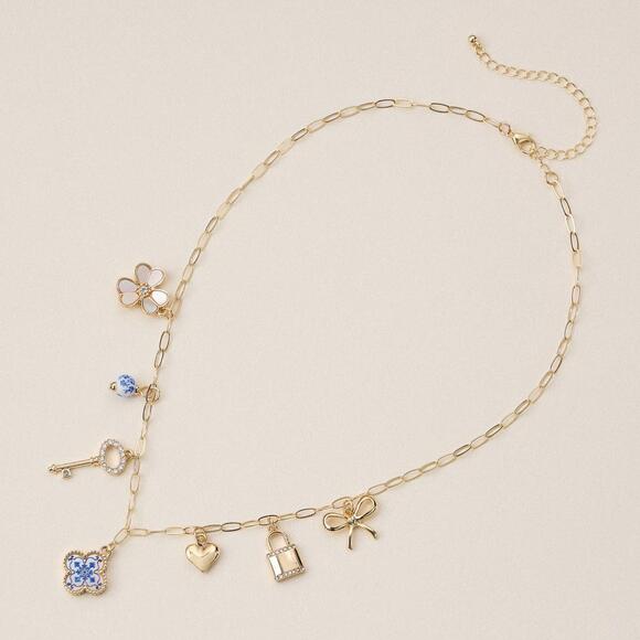 Jewelry - Gold Charm Necklace with Key, Heart, Clover & Floral Accents